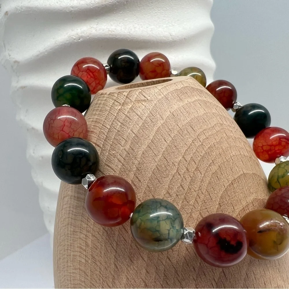 𝅺Multicolored Agate Gemstone Beaded Stretch Bracelet